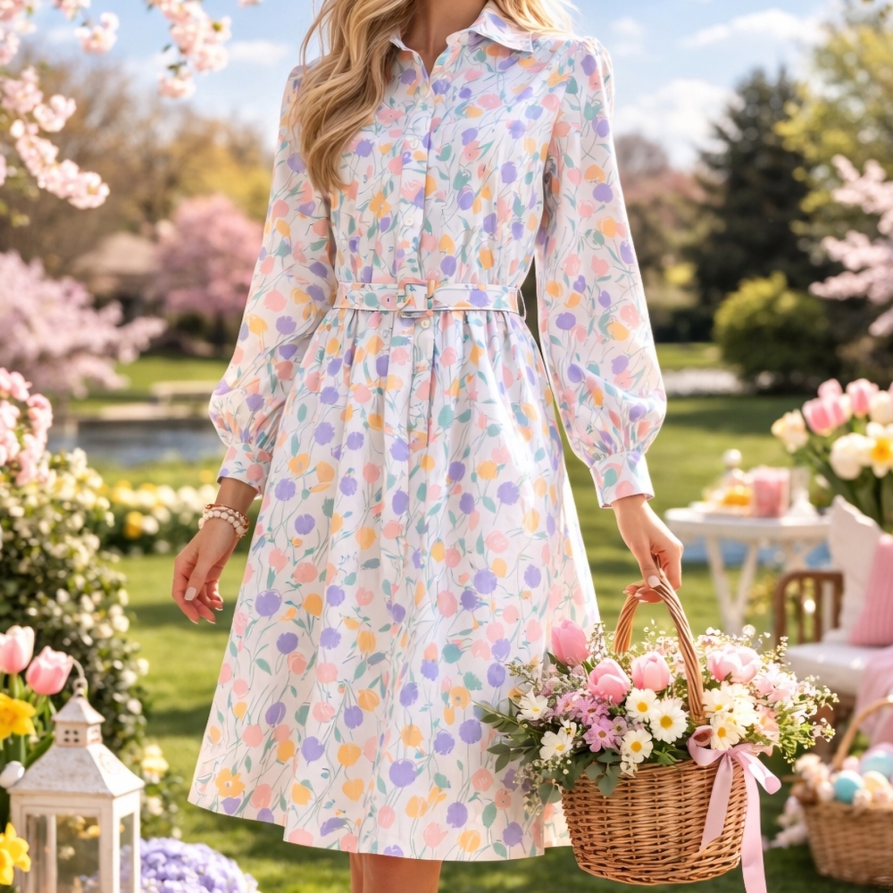NWT Vintage APPLESEED'S Spring Pastels Easter Floral Long Sleeve Belted Dress